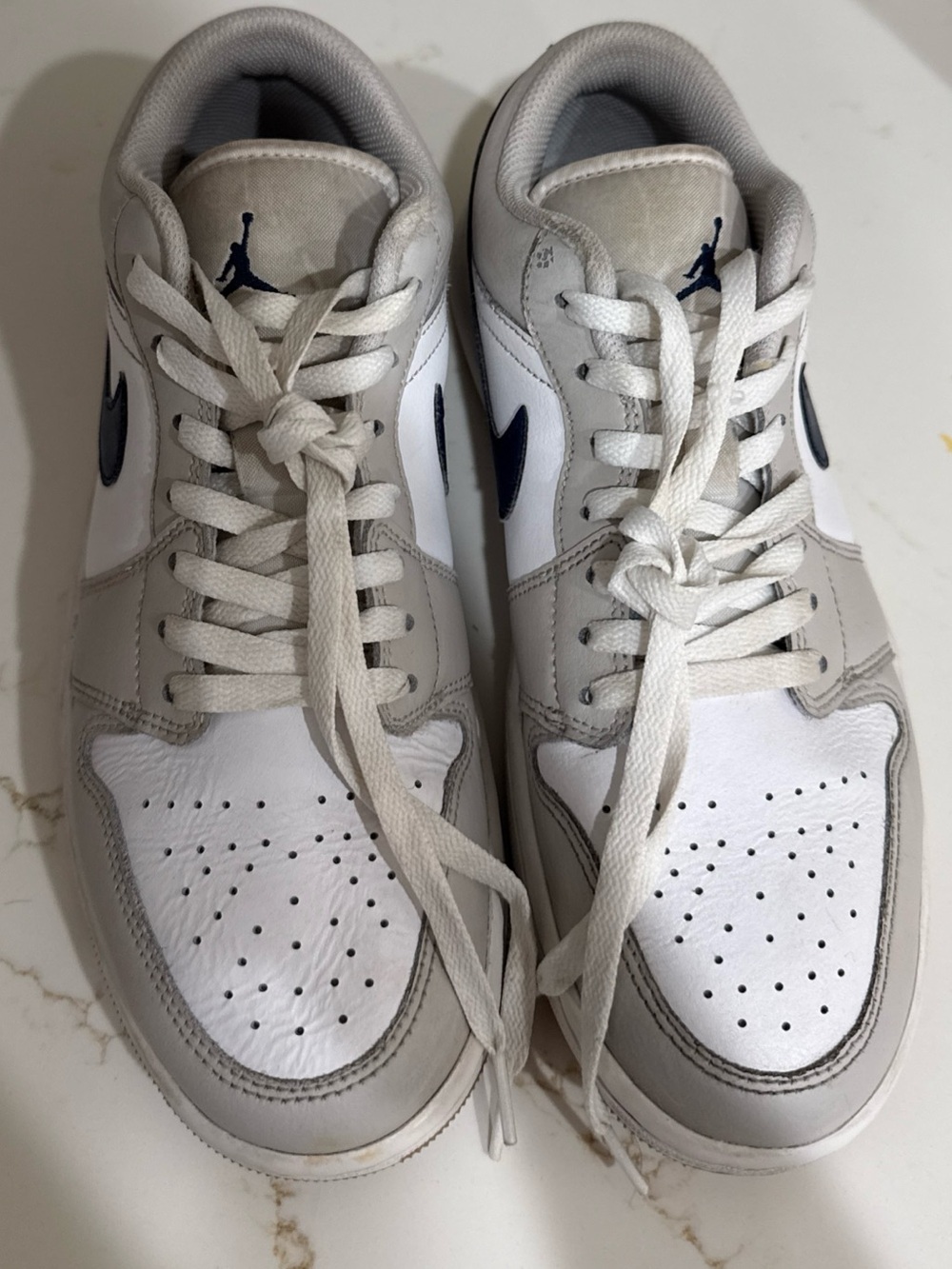 Air Jordan Low Top Nike Sneakers - White, Light Gray & Navy Accents